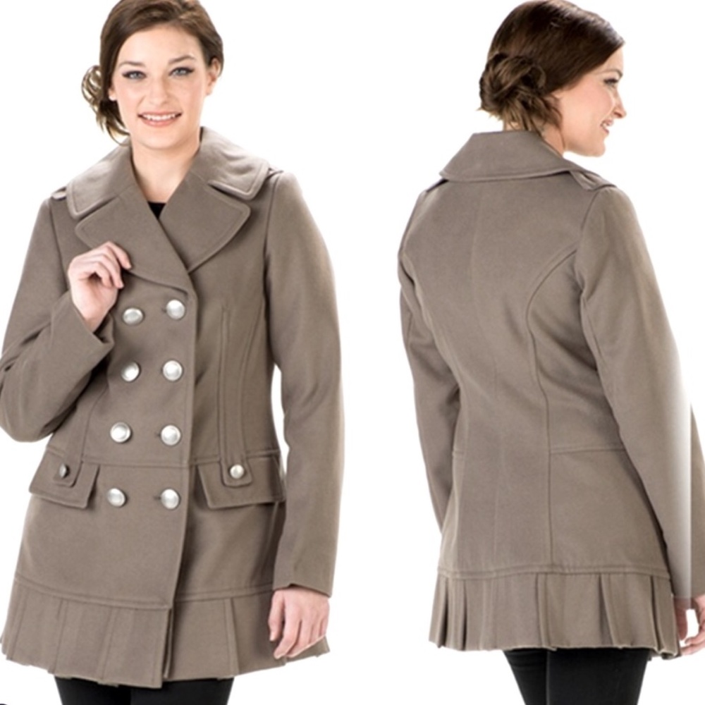 NWT Taupe Kensie Pleated Hem Double Breasted Military Jacket Soft Size Medium